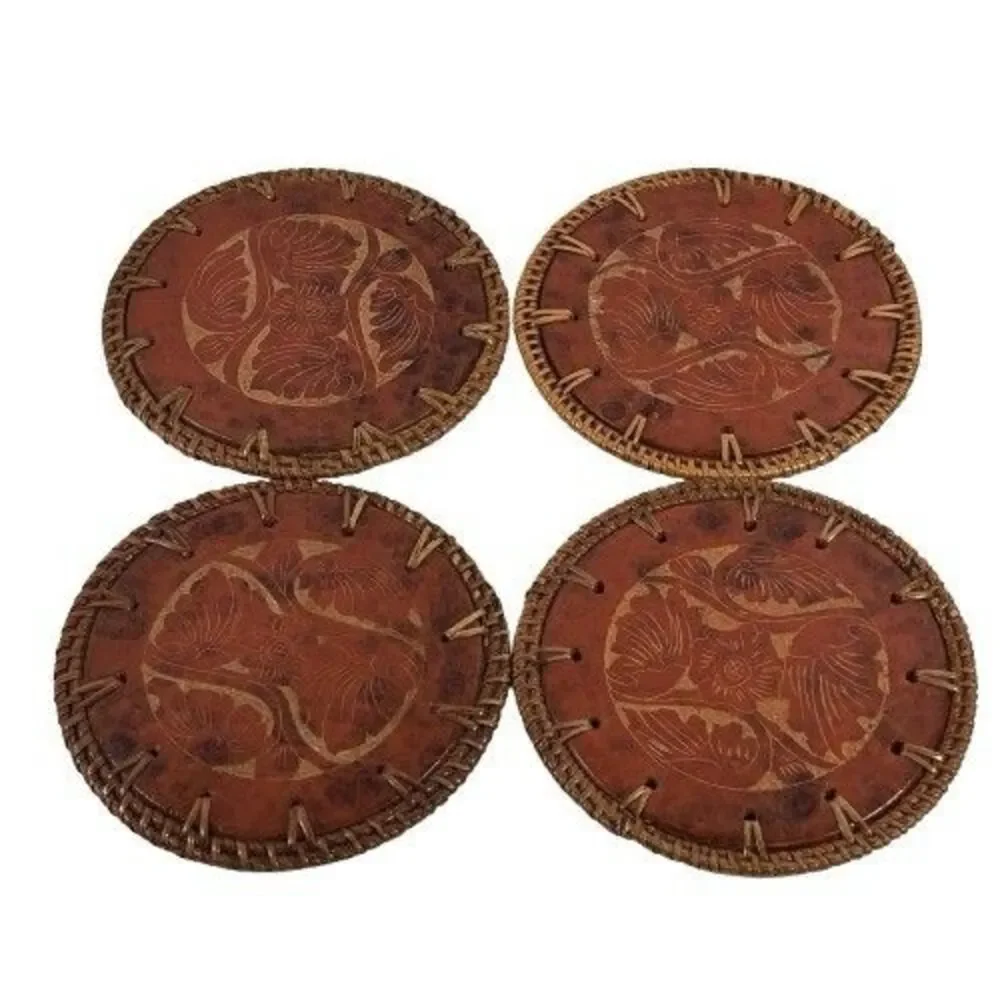 Vintage Pier One Terracotta & Rattan Coasters Set Of 4 MCM Red Stone New w/tags